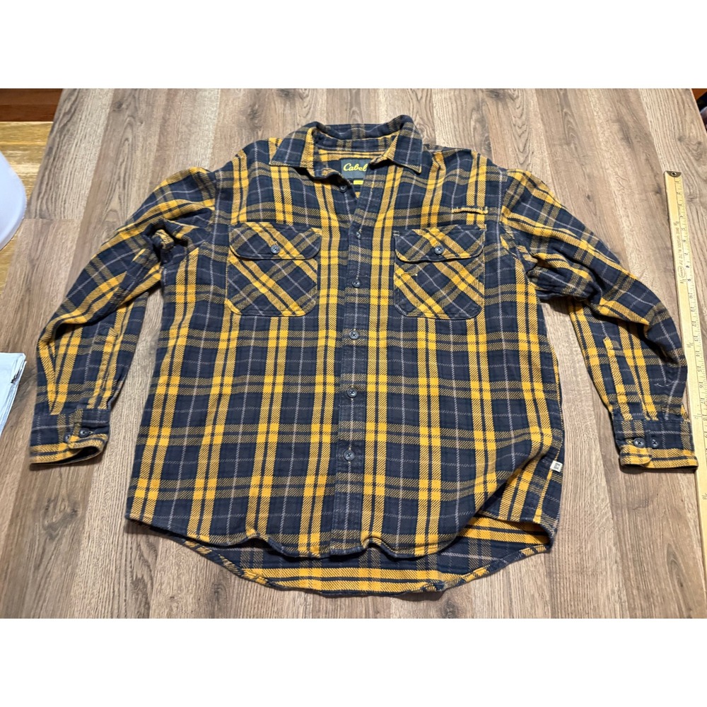 Cabela's Shirt Mens Size L Yellow Plaid Button Up Flannel Shirt Roughneck